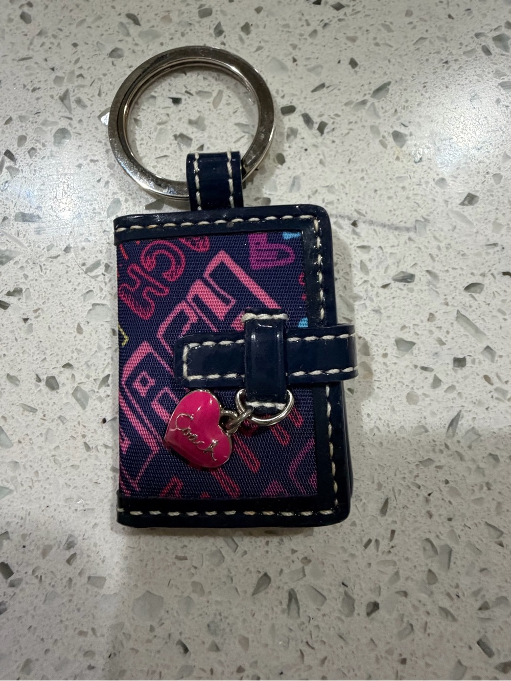 Coach Navy Canvas Key & Card Holder with Pink Heart Charm